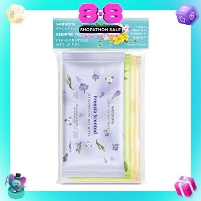 WATSONS - Invigorating Wet Wipes Assorted Pack consists of Freesia 10s + Green Tea 10s + Osmanthus 10s + Magnolia 10s