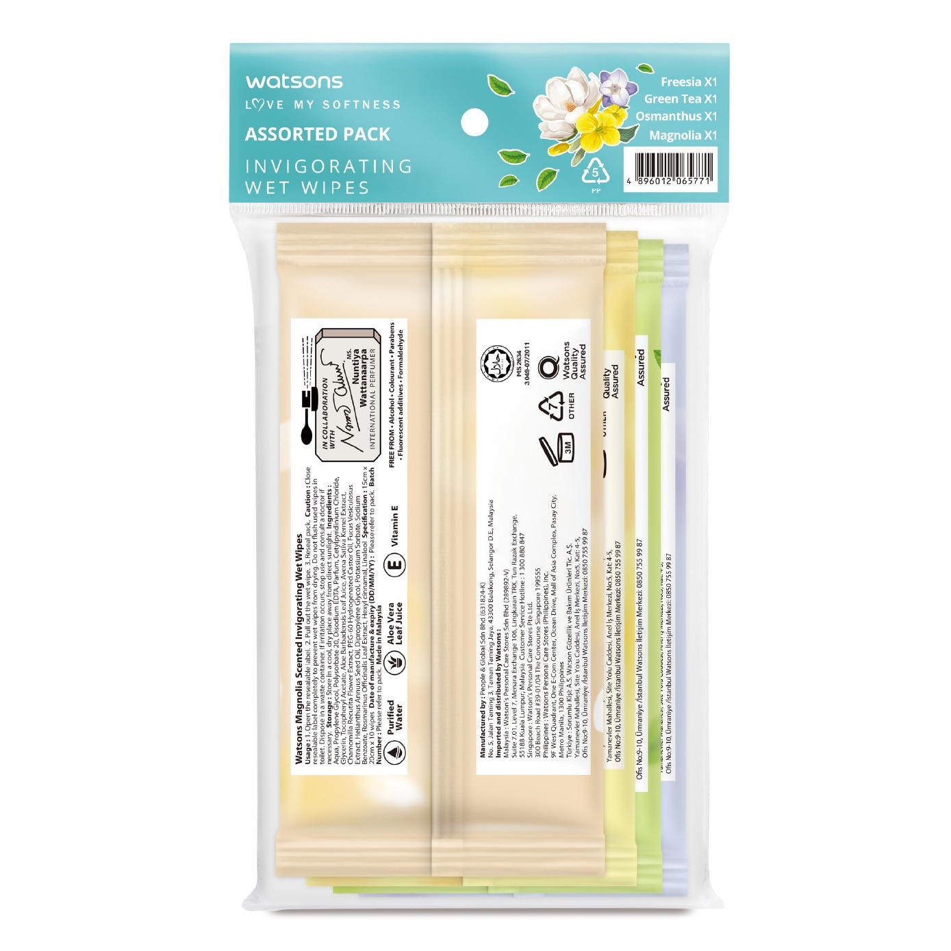 Invigorating Wet Wipes Assorted Pack consists of Freesia 10s + Green Tea 10s + Osmanthus 10s + Magnolia 10s