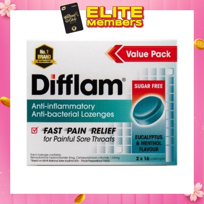 DIFFLAM Eucalyptus & Menthol Lozenges Twinpack (Relieve Pain And Swelling Due To Sore Throat With Infection) 16s x2s&nbsp;(Expiry: Aug`2026)