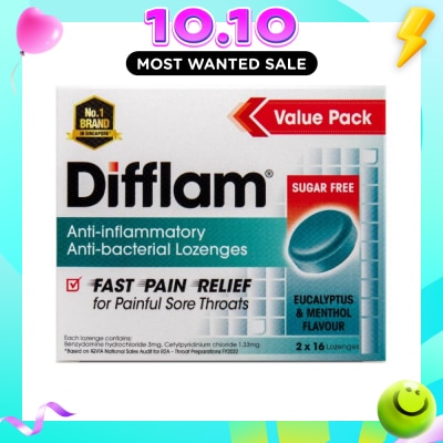 DIFFLAM Eucalyptus & Menthol Lozenges Twinpack (Relieve Pain And Swelling Due To Sore Throat With Infection) 16s x2s image