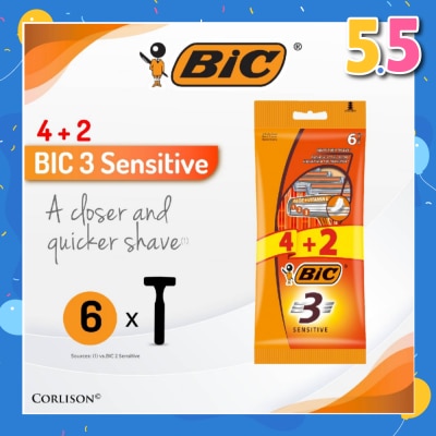 BIC Sensitive Disposable Triple Blade Shaver (With Lubricating Strip Enriched With Vitamin E And Aloe Vera) 6s