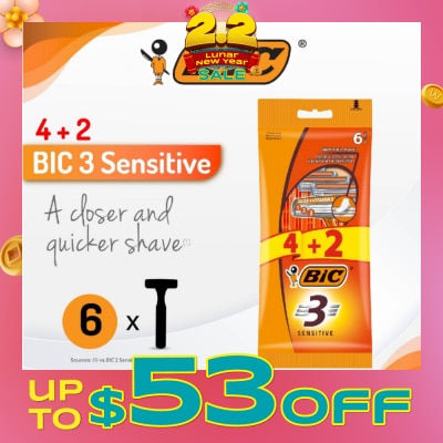 BIC Sensitive Disposable Triple Blade Shaver (With Lubricating Strip Enriched With Vitamin E And Aloe Vera) 6s