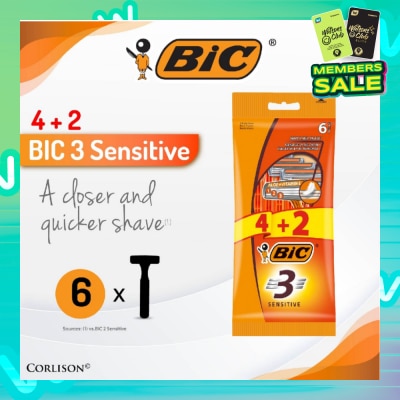 BIC Sensitive Disposable Triple Blade Shaver (With Lubricating Strip Enriched With Vitamin E And Aloe Vera) 6s