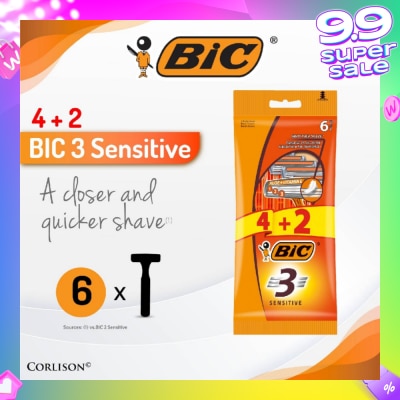 BIC Sensitive Disposable Triple Blade Shaver (With Lubricating Strip Enriched With Vitamin E And Aloe Vera) 6s