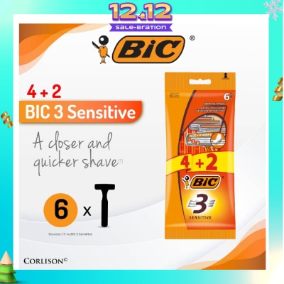 BIC Sensitive Disposable Triple Blade Shaver (With Lubricating Strip Enriched With Vitamin E And Aloe Vera) 6s