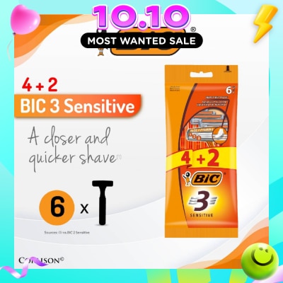BIC Sensitive Disposable Triple Blade Shaver (With Lubricating Strip Enriched With Vitamin E And Aloe Vera) 6s image