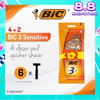 BIC Sensitive Disposable Triple Blade Shaver (With Lubricating Strip Enriched With Vitamin E And Aloe Vera) 6s