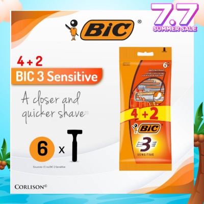 BIC Sensitive Disposable Triple Blade Shaver (With Lubricating Strip Enriched With Vitamin E And Aloe Vera) 6s