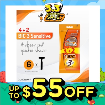 BIC Sensitive Disposable Triple Blade Shaver (With Lubricating Strip Enriched With Vitamin E And Aloe Vera) 6s