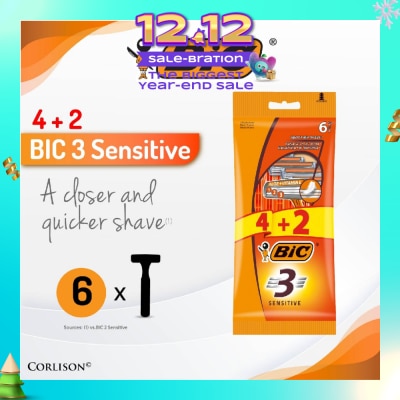 BIC Sensitive Disposable Triple Blade Shaver (With Lubricating Strip Enriched With Vitamin E And Aloe Vera) 6s