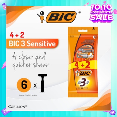 BIC Sensitive Disposable Triple Blade Shaver (With Lubricating Strip Enriched With Vitamin E And Aloe Vera) 6s