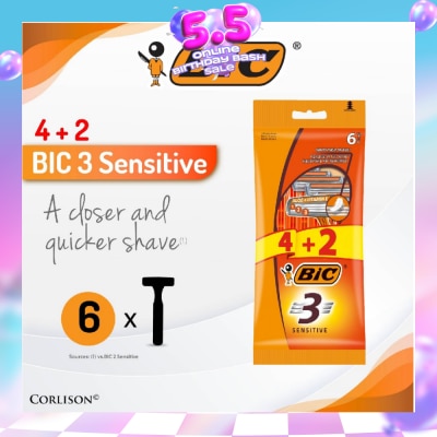 BIC - Sensitive Disposable Triple Blade Shaver (With Lubricating Strip Enriched With Vitamin E And Aloe Vera) 6s
