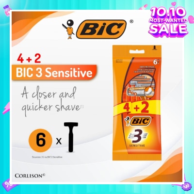 BIC Sensitive Disposable Triple Blade Shaver (With Lubricating Strip Enriched With Vitamin E And Aloe Vera) 6s