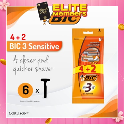 BIC Sensitive Disposable Triple Blade Shaver (With Lubricating Strip Enriched With Vitamin E And Aloe Vera) 6s