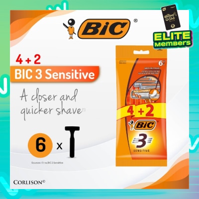BIC Sensitive Disposable Triple Blade Shaver (With Lubricating Strip Enriched With Vitamin E And Aloe Vera) 6s