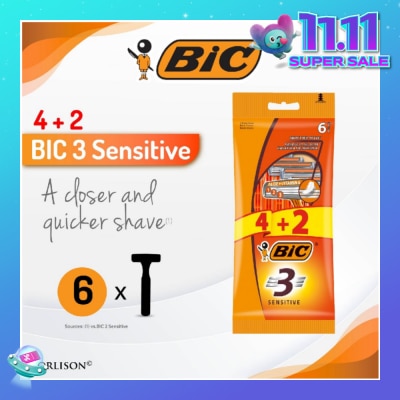 BIC Sensitive Disposable Triple Blade Shaver (With Lubricating Strip Enriched With Vitamin E And Aloe Vera) 6s