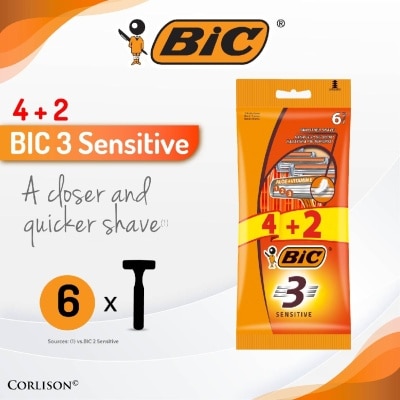 BIC Sensitive Disposable Triple Blade Shaver (With Lubricating Strip Enriched With Vitamin E And Aloe Vera) 6s