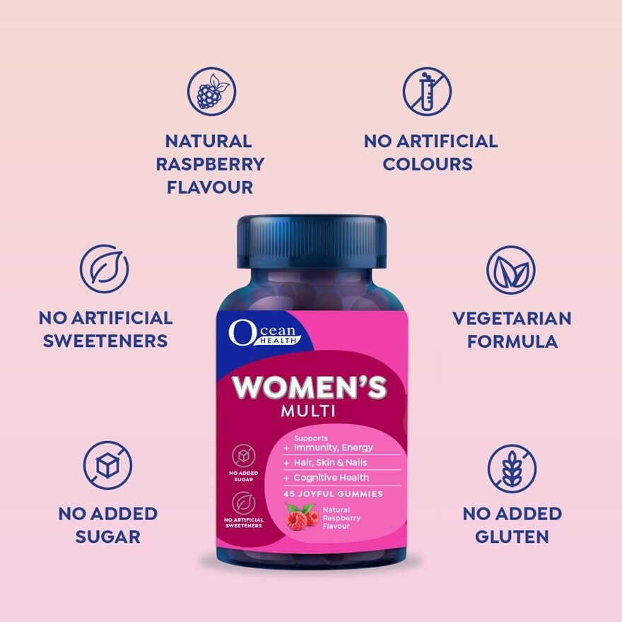 Women's Multi Gummies Natural Raspberry Flavour (Supports Immunity, Hair, Skin And Nails + Cognitive Health) 45s