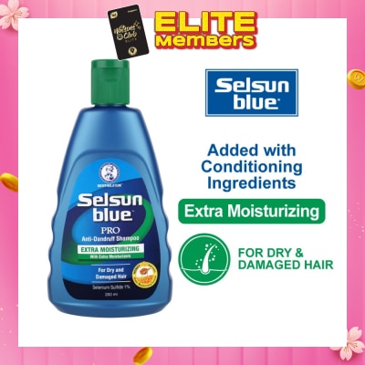 SELSUN Blue Extra Moist Pro Anti-Dandruff Shampoo (Relieves Dandruff & Itchy Scalp With Selenium Sulfide, Honeyquat 50 & 3 Types of Conditioning Ingredients Suitable For Dry & Damage Hair) 200ml