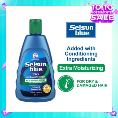 SELSUN Blue Extra Moist Pro Anti-Dandruff Shampoo (Relieves Dandruff & Itchy Scalp With Selenium Sulfide, Honeyquat 50 & 3 Types of Conditioning Ingredients Suitable For Dry & Damage Hair) 200ml