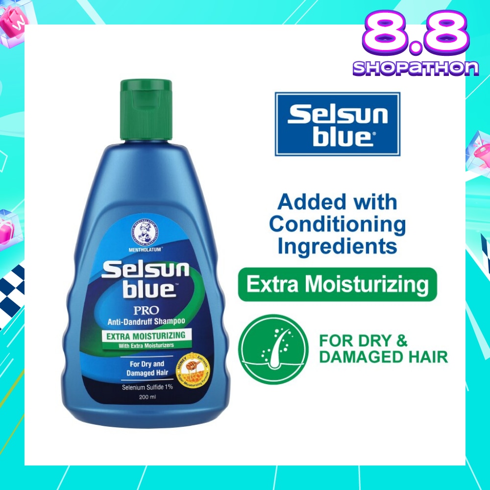 Blue Extra Moist Pro Anti-Dandruff Shampoo (Relieves Dandruff & Itchy Scalp With Selenium Sulfide, Honeyquat 50 & 3 Types of Conditioning Ingredients Suitable For Dry & Damage Hair) 200ml