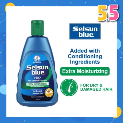 SELSUN Blue Extra Moist Pro Anti-Dandruff Shampoo (Relieves Dandruff & Itchy Scalp With Selenium Sulfide, Honeyquat 50 & 3 Types of Conditioning Ingredients Suitable For Dry & Damage Hair) 200ml