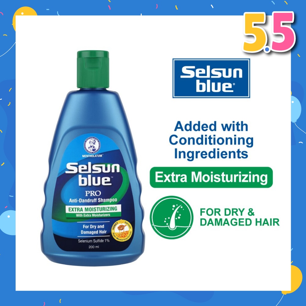 Blue Extra Moist Pro Anti-Dandruff Shampoo (Relieves Dandruff & Itchy Scalp With Selenium Sulfide, Honeyquat 50 & 3 Types of Conditioning Ingredients Suitable For Dry & Damage Hair) 200ml