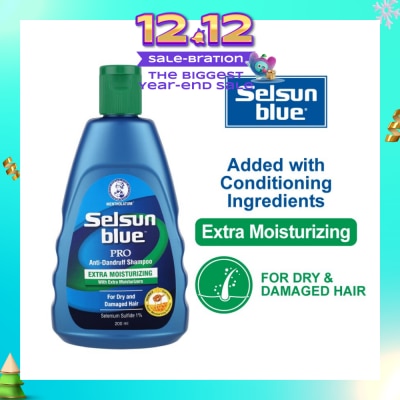 SELSUN Blue Extra Moist Pro Anti-Dandruff Shampoo (Relieves Dandruff & Itchy Scalp With Selenium Sulfide, Honeyquat 50 & 3 Types of Conditioning Ingredients Suitable For Dry & Damage Hair) 200ml