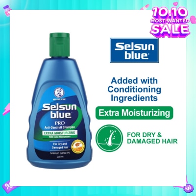 SELSUN Blue Extra Moist Pro Anti-Dandruff Shampoo (Relieves Dandruff & Itchy Scalp With Selenium Sulfide, Honeyquat 50 & 3 Types of Conditioning Ingredients Suitable For Dry & Damage Hair) 200ml