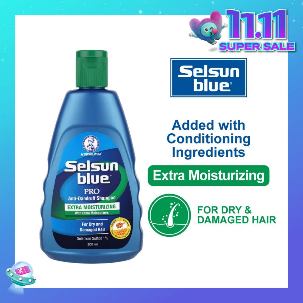 Blue Extra Moist Pro Anti-Dandruff Shampoo (Relieves Dandruff & Itchy Scalp With Selenium Sulfide, Honeyquat 50 & 3 Types of Conditioning Ingredients Suitable For Dry & Damage Hair) 200ml