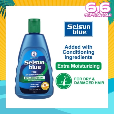 SELSUN Blue Extra Moist Pro Anti-Dandruff Shampoo (Relieves Dandruff & Itchy Scalp With Selenium Sulfide, Honeyquat 50 & 3 Types of Conditioning Ingredients Suitable For Dry & Damage Hair) 200ml