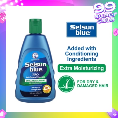 SELSUN Blue Extra Moist Pro Anti-Dandruff Shampoo (Relieves Dandruff & Itchy Scalp With Selenium Sulfide, Honeyquat 50 & 3 Types of Conditioning Ingredients Suitable For Dry & Damage Hair) 200ml