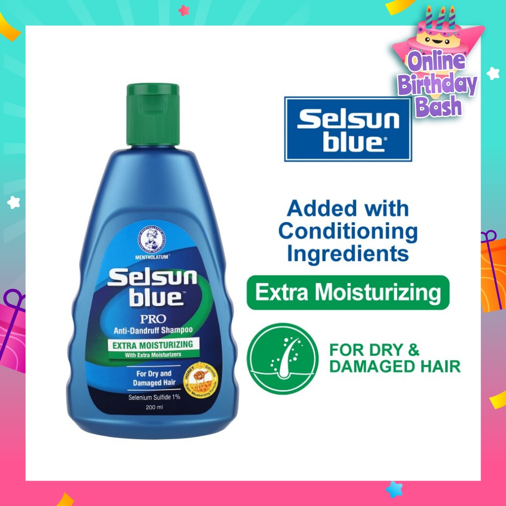 Blue Extra Moist Pro Anti-Dandruff Shampoo (Relieves Dandruff & Itchy Scalp With Selenium Sulfide, Honeyquat 50 & 3 Types of Conditioning Ingredients Suitable For Dry & Damage Hair) 200ml