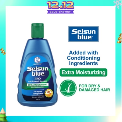 SELSUN Blue Extra Moist Pro Anti-Dandruff Shampoo (Relieves Dandruff & Itchy Scalp With Selenium Sulfide, Honeyquat 50 & 3 Types of Conditioning Ingredients Suitable For Dry & Damage Hair) 200ml