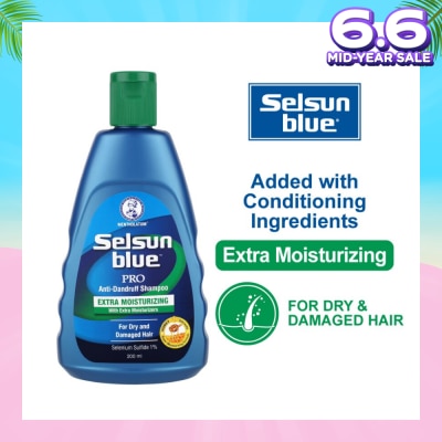 SELSUN Blue Extra Moist Pro Anti-Dandruff Shampoo (Relieves Dandruff & Itchy Scalp With Selenium Sulfide, Honeyquat 50 & 3 Types of Conditioning Ingredients Suitable For Dry & Damage Hair) 200ml