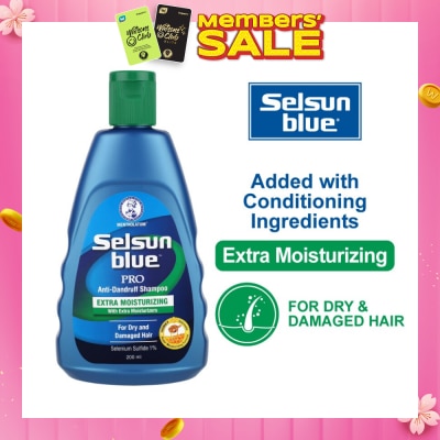 SELSUN Blue Extra Moist Pro Anti-Dandruff Shampoo (Relieves Dandruff & Itchy Scalp With Selenium Sulfide, Honeyquat 50 & 3 Types of Conditioning Ingredients Suitable For Dry & Damage Hair) 200ml