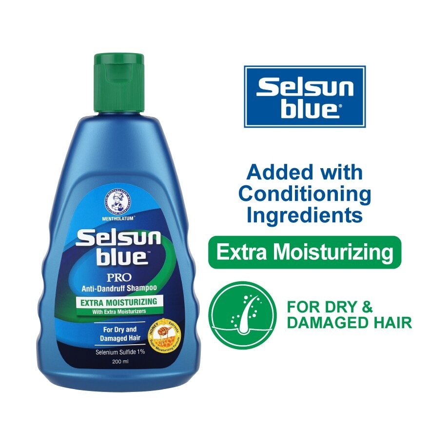 Blue Extra Moist Pro Anti-Dandruff Shampoo (Relieves Dandruff & Itchy Scalp With Selenium Sulfide, Honeyquat 50 & 3 Types of Conditioning Ingredients Suitable For Dry & Damage Hair) 200ml