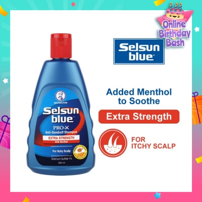 SELSUN Blue Extra Strength ProX Anti-Dandruff Shampoo (Relieves Dandruff & Itchy Scalp With Selenium Sulfide, Menthol & Honeyquat 50 Suitable For Itchy Scalp & All Hair Types) 200ml