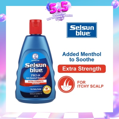 SELSUN - Blue Extra Strength ProX Anti-Dandruff Shampoo (Relieves Dandruff & Itchy Scalp With Selenium Sulfide, Menthol & Honeyquat 50 Suitable For Itchy Scalp & All Hair Types) 200ml
