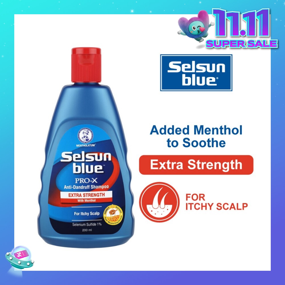 Blue Extra Strength ProX Anti-Dandruff Shampoo (Relieves Dandruff & Itchy Scalp With Selenium Sulfide, Menthol & Honeyquat 50 Suitable For Itchy Scalp & All Hair Types) 200ml
