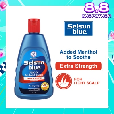 SELSUN Blue Extra Strength ProX Anti-Dandruff Shampoo (Relieves Dandruff & Itchy Scalp With Selenium Sulfide, Menthol & Honeyquat 50 Suitable For Itchy Scalp & All Hair Types) 200ml