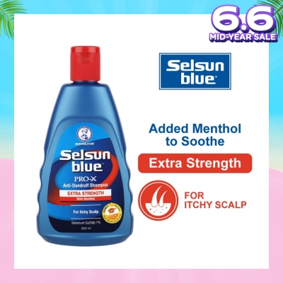 SELSUN Blue Extra Strength ProX Anti-Dandruff Shampoo (Relieves Dandruff & Itchy Scalp With Selenium Sulfide, Menthol & Honeyquat 50 Suitable For Itchy Scalp & All Hair Types) 200ml
