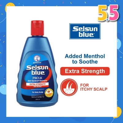 SELSUN Blue Extra Strength ProX Anti-Dandruff Shampoo (Relieves Dandruff & Itchy Scalp With Selenium Sulfide, Menthol & Honeyquat 50 Suitable For Itchy Scalp & All Hair Types) 200ml