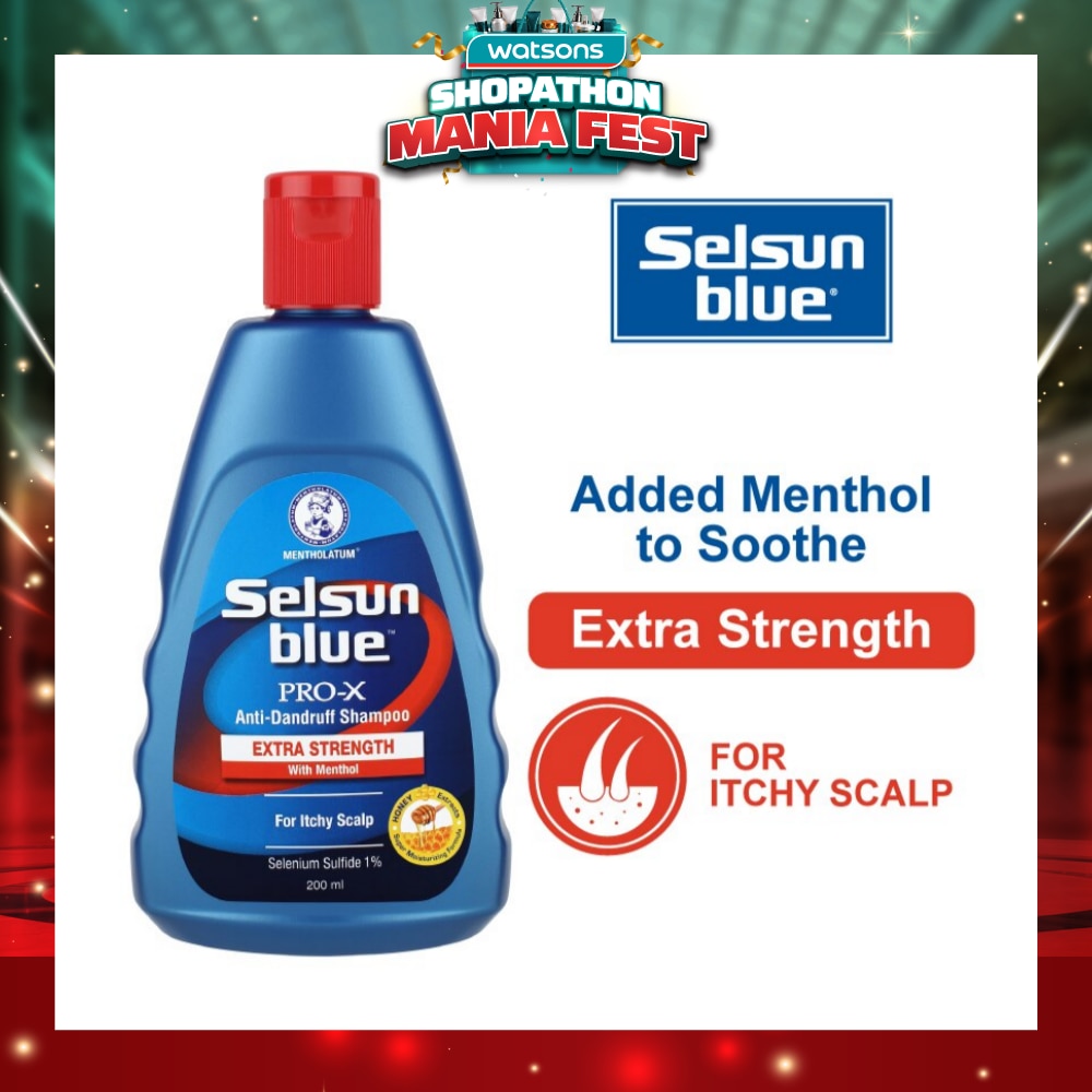 Blue Extra Strength ProX Anti-Dandruff Shampoo (Relieves Dandruff & Itchy Scalp With Selenium Sulfide, Menthol & Honeyquat 50 Suitable For Itchy Scalp & All Hair Types) 200ml