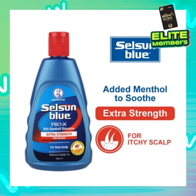 SELSUN Blue Extra Strength ProX Anti-Dandruff Shampoo (Relieves Dandruff & Itchy Scalp With Selenium Sulfide, Menthol & Honeyquat 50 Suitable For Itchy Scalp & All Hair Types) 200ml