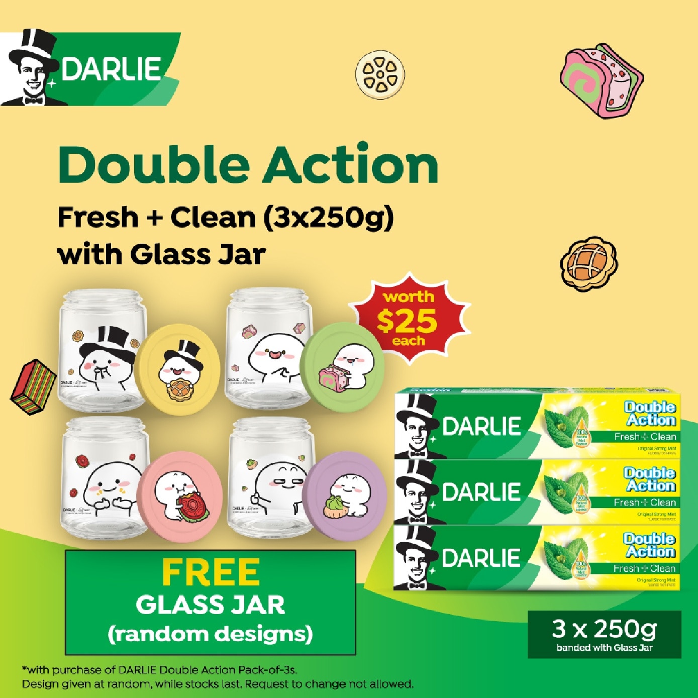 Double Action Fresh + Clean 250g x 3s + Quby Glass Jar (Design Packed Random) 1s