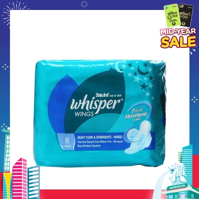 WHISPER Heavy and Overnight Flow with Wings Sanitary Napkins 8pads