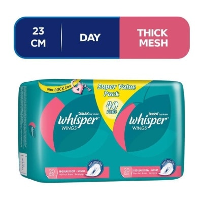 WHISPER Wings Regular Flow Blue Lock Care Twin Pack 40 Pads