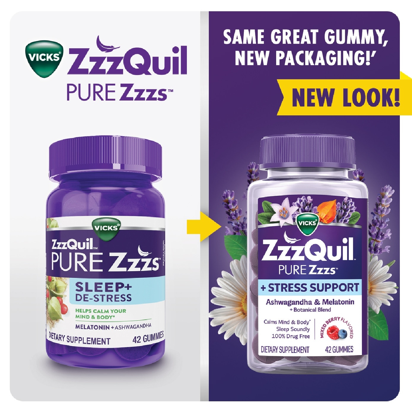 Pure ZZZs Sleep + De Stress Melatonin Sleep Aid Gummies With Ashwagandha For Stress Support 42s