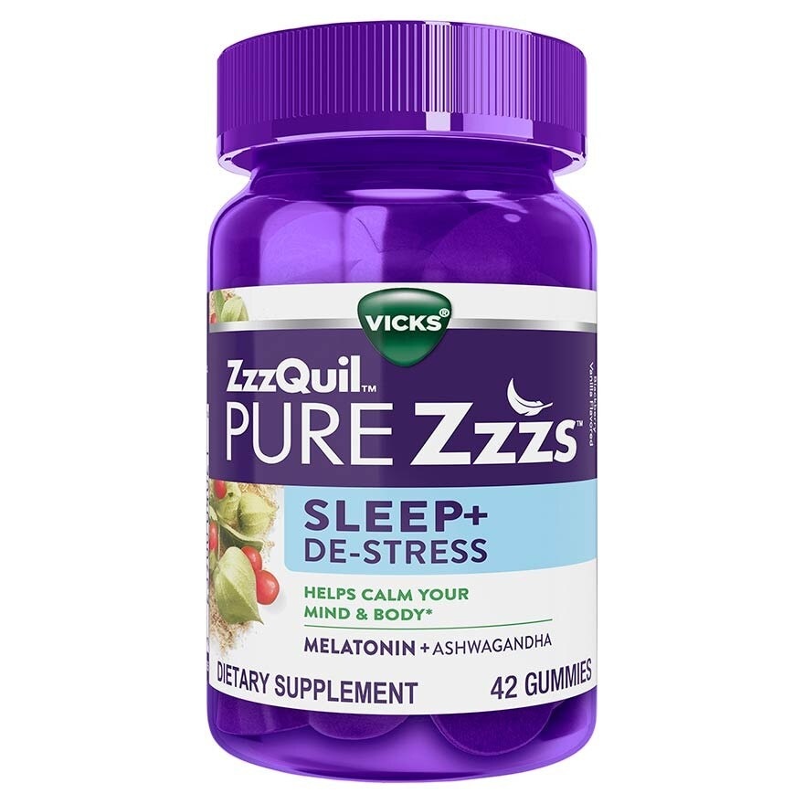 Pure Zzzs Sleep + De Stress Melatonin Sleep Aid Gummies With Ashwagandha For Stress Support 42s